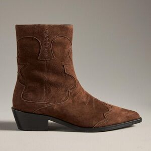 Bibi Lou Short Western Brown Suede Star Embroidered Point Toe Cowgirl Booties 37
